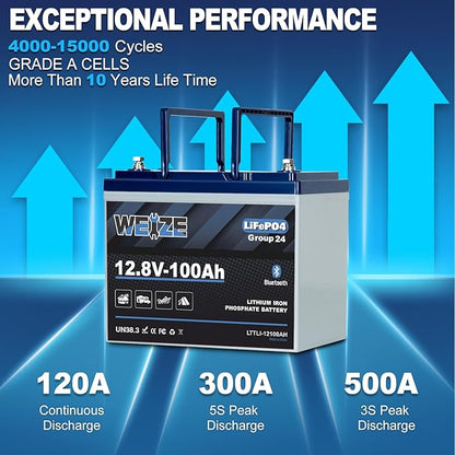 Weize 12V 100Ah Group 24 Bluetooth LiFePO4 Lithium Battery, Built-in 120A BMS, Low-Temp Protection Deep Cycle 500A/3S Peak Discharge Battery for RV, Camping, Solar, Trolling Motor, Home Energy