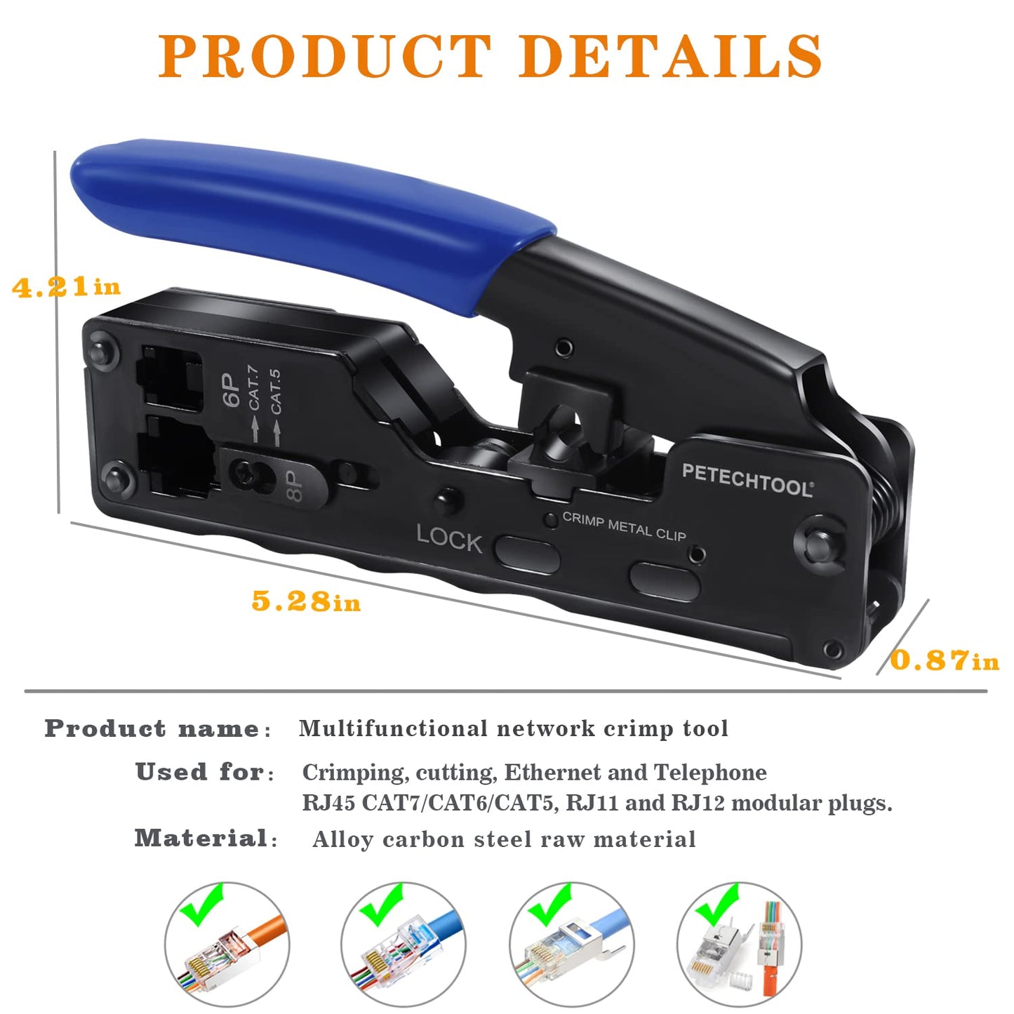 RJ45 Crimp Tool Ethernet Crimping Tool Wire Cutter Crimper For Cat7 Cat6a Cat6 Cat5e Pass Through Connectors