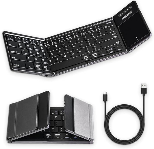 MESWAO Foldable Bluetooth Keyboard with Touchpad, Wireless Folding Keyboards with PU Leather (Sync up to 3 Devices), Full-Size Portable Keyboard for Android/Windows/iOS