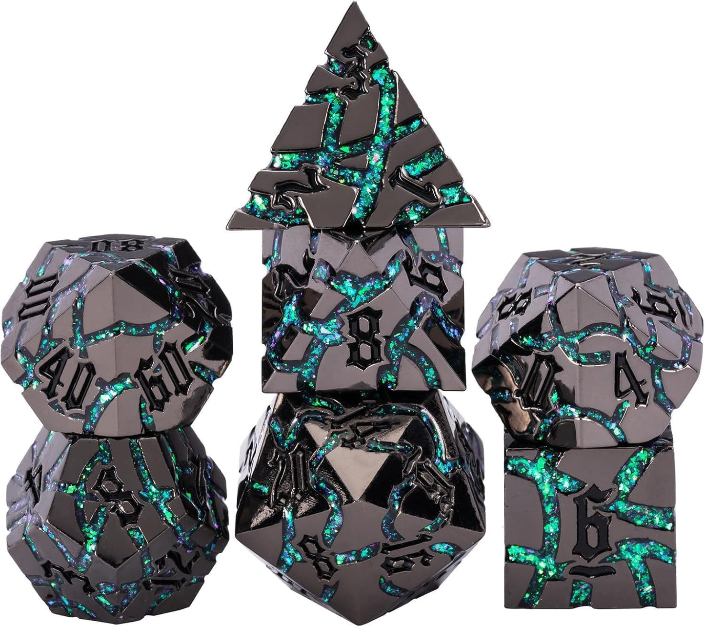 Maywin Cracked Rune Metal Dice Set for DND & RPG – Dark Fantasy Fractured Design, Premium Heavy Metal Polyhedral Dice with Deep Engraved Numbers, 7-Piece Set – Green Mystic Vein
