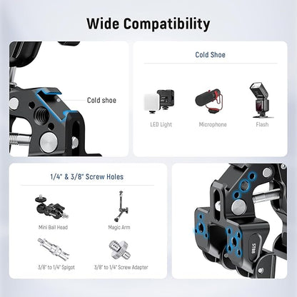 NEEWER Super Clamp with 3" Dual Ballhead Magic Arm, Camera Phone Clamp Mount with 1/4" 3/8" Threads, Cold Shoe, Phone Holder, Action Camera Adapter Compatible with GoPro DJI iPhone 16 15 Pro Max, ST88