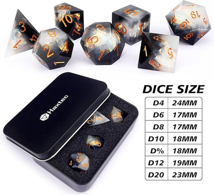 Haxtec Sharp Edge Dice Set DND Dice Black and White Resin Dice Iridecent Mylar Galaxy D&D Dice for RPG Role Playing Compatible with Dungeons and Dragons Gift