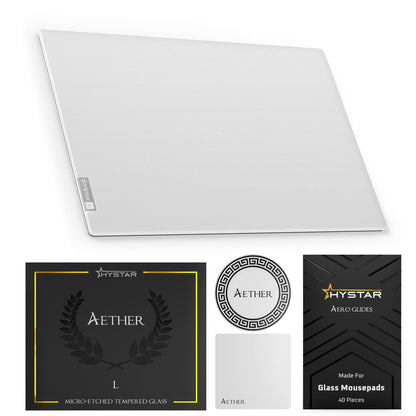 Hystar Aether Glass Gaming Mousepad | Micro-Etched Tempered Glass | Quiet, Ultra-Fast Glide | Full Anti-Slip Silicone Backing (White, Large)