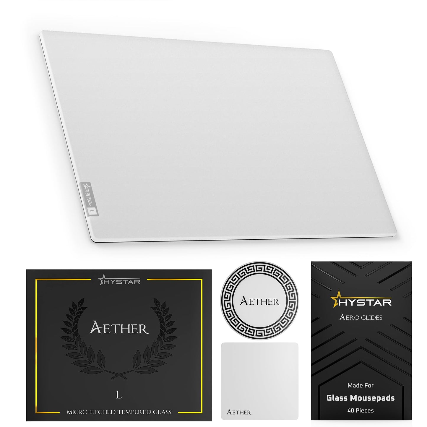 Hystar Aether Glass Gaming Mousepad | Micro-Etched Tempered Glass | Quiet, Ultra-Fast Glide | Full Anti-Slip Silicone Backing (White, Large)