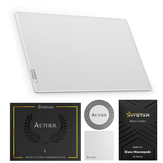 Hystar Aether Glass Gaming Mousepad | Micro-Etched Tempered Glass | Quiet, Ultra-Fast Glide | Full Anti-Slip Silicone Backing (White, Large)