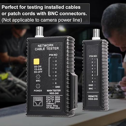 Dual-Function Coaxial & RJ45 Network Cable Tester with 2-Pack BNC Male to F Female Adapters, CAT5/CAT6/Coax Continuity Checker (Battery Not Included)