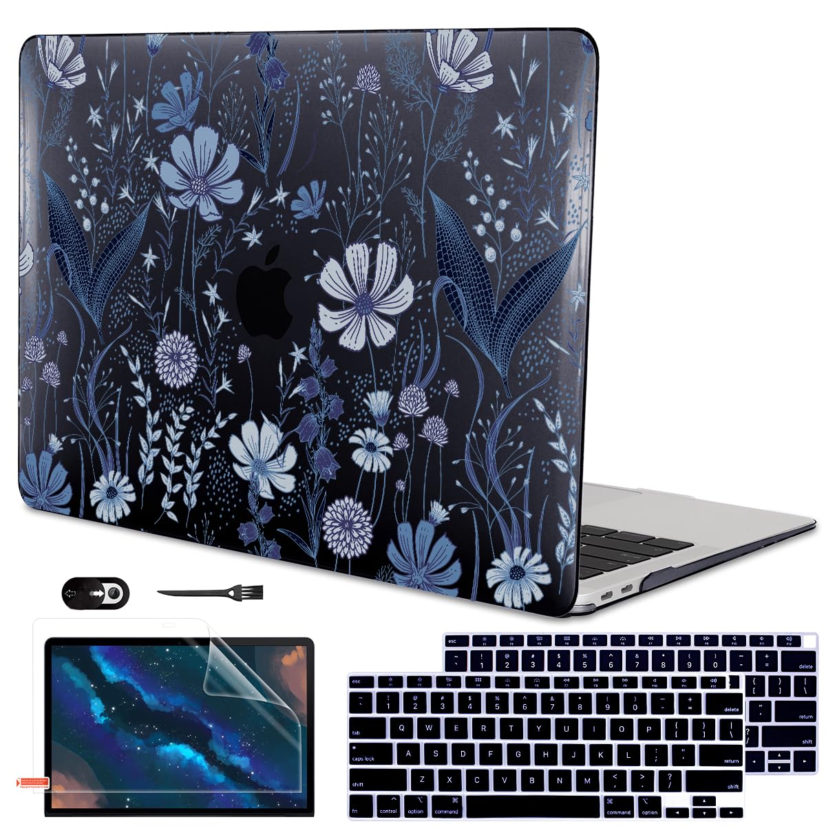 LCMOCICO for 2018 2019 2020 2021 MacBook Air 13 Inch Case M1 A2337 A2179 A1932, Pattern Plastic Hard Shell Case Cover for MacBook Air 13.3 M1 with Retina Display & Touch ID, Wild Flowers Black