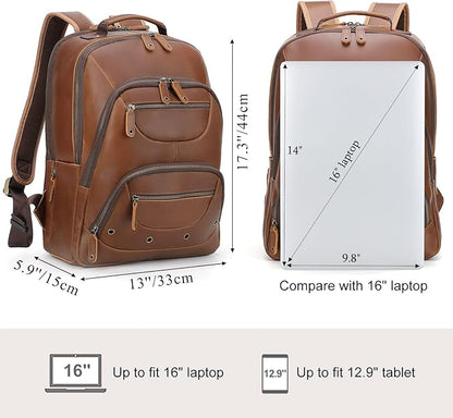 TIDING Brown Leather Travel Backpack for Men, Vintage 16 Inch Laptop Casual Daypack Business Camping Overnight Rucksack