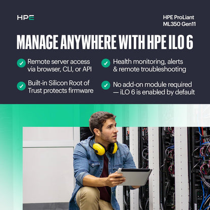 Hewlett Packard Enterprise ProLiant ML350 Gen11 Tower Server (P83320-005), Xeon Silver 4516Y+ 24-Core, 64GB DDR5, 8SFF, 2×960GB SSD, MR408i-o RAID, Dual 800W PSU