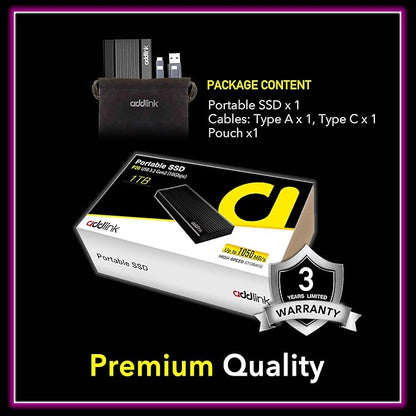 Addlink External Portable SSD 1TB P20 USB 3.2 Gen2 up to 1050MB/s, 3D TLC USB C Solid State Drive, for PC Laptop Mac Windows Linux Android PS4 PS5 Xbox One Smart TV (ad1TBP20B32) Made in Taiwan