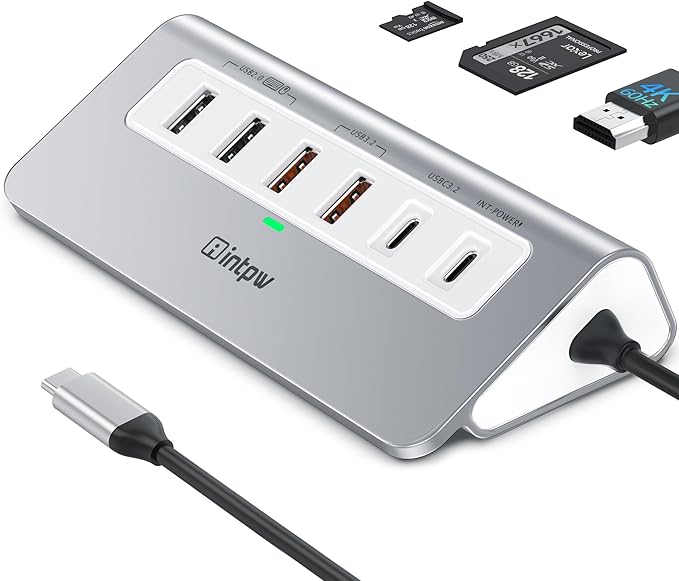 intpw USB C Hub, P9 PRO USB C Hub Multiport Adapter with 4K HDMI, PD 100W, Type-C & 2 USB A 3.2 10Gbps, 2 USB A 2.0, SD/TF Card Reader, Aluminum USB Hub for Laptop, iPhone 17 Series, MacBook, iPad