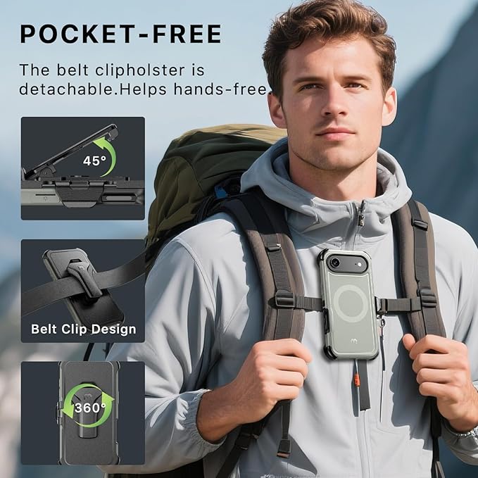 M MYBAT PRO for iPhone Air Case with Belt Clip Holster,[Compatible with Magsafe] w/Screen Protector,Anti-Drop,Shockproof,w 360°Rotating Kickstand,Heavy Duty Protection (Natural Titanium)