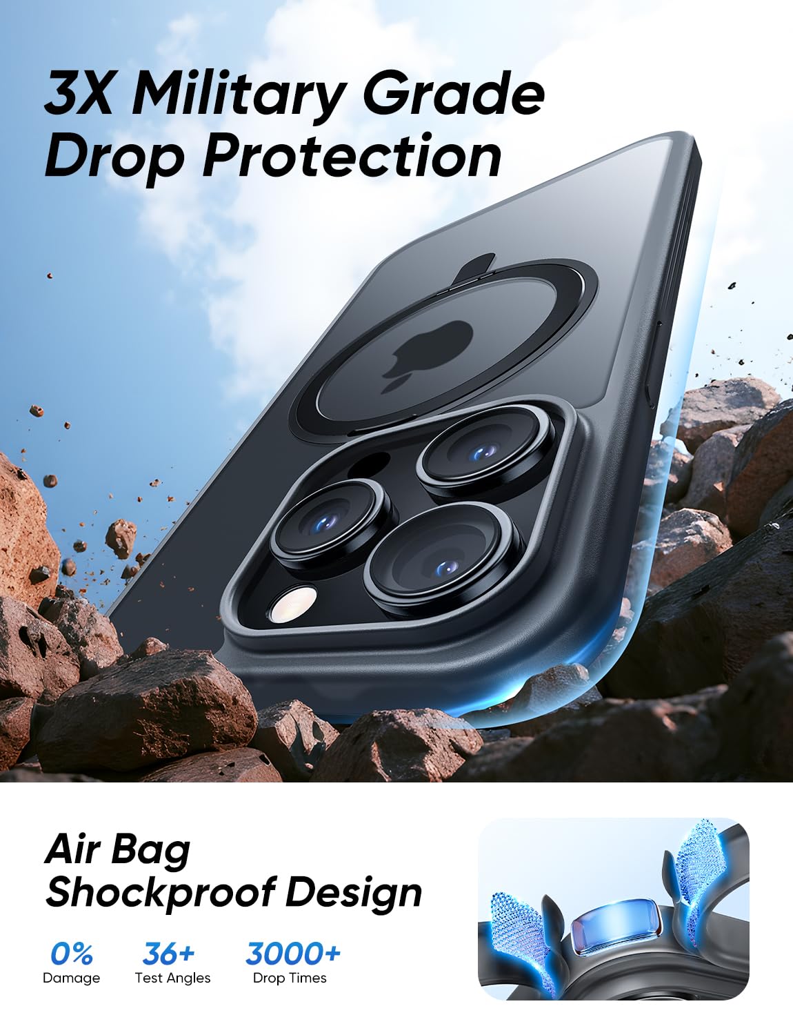 MAGIC JOHN 360° Rotatable Magnetic Invisible Stand for iPhone 14 Pro Case [Anti-Slip Grip] [Compatible with MagSafe] 16FT Shockproof for iPhone 14 Pro Case with Kickstand, Black