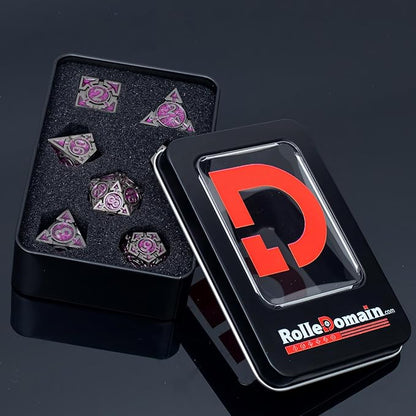 Purple Black Nickel Finish Heavy Metal DND Dice Set (Warlock) with A Metal Box, Sharp Edge Zinc Alloy D&D Accessories, D4-D20, Designed for Dungeons & Dragons Master, RPG Player, Starter