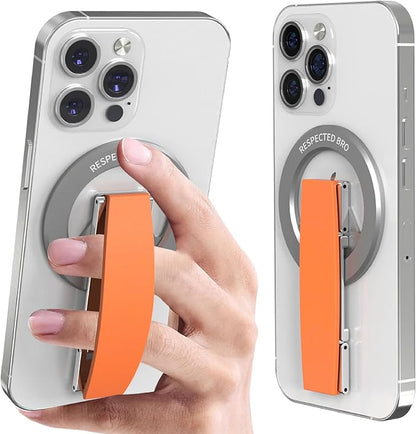 RESPECTED-BRO-Magnetic-Phone-Grip-Stand, Magnetic Phone Ring Holder Kickstand with Silicone Finger Strap, Compatibility for iPhone 17/16/15/14/13/12, Android, and More (Orange)