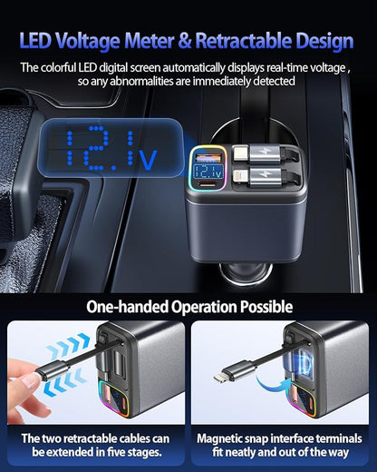 247W Retractable Car Charger with Voltage Monitor&Multicolored Light,5 in 1 USB C Car Charger with 2 Retractable Cable for iPhone 16 15 Pro Max Plus,Laptop,MacBook Air/Pro,Samsung Galaxy S25 S24,iPad