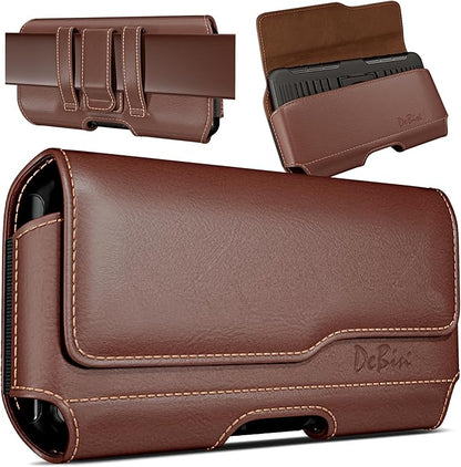 DeBin Holster for Large iPhone Plus, ProMax 16 15 14 13 12 11 Xs Max - Cell Phone Belt Holder Case with Clip Carrying Pouch Cover (Fits Phone with Protective Case on) Brown