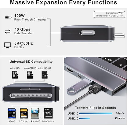 USB C Hub, USB C Adapter, 7 in 2 USB-C Hub for MacBook with Thunderbolt 4, 4K HDMI, Type C, 2 USB A, SD/TF Card Reader, Compatible with MacBook Pro 2016-2024, MacBook Air 2018-2025 (Space Gray)