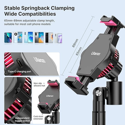 ULANZI SK-06 Cell Phone Stand with Phone Cooler, Desktop Phone Live Streaming Solution with Phone Cooling Fan, Height Adjustable Phone Cooler Stand Compatible with All Mobile Phones, iPhone & Android