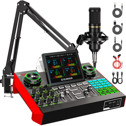 CryoSurf G10 Podcast Equipment Bundle with 3.5mm Condenser Microphone for Pc/Phone Live Streaming Singing Gaming, Podcast Microphone Bundle with Live Sound Board Audio Mixer Denoise,DJ Sets