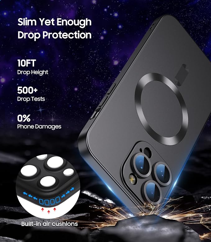 Magnetic for iPhone 16 Pro Max Case [Compatible with MagSafe][Built-in Camera Lens Protector] Slim Soft Silicone Bumper Shockproof Metallic Luster Phone Case (Black)