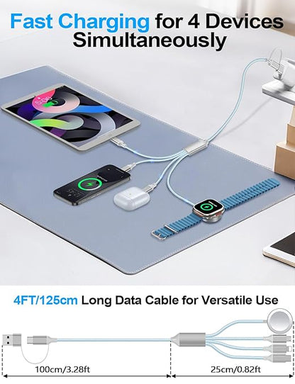 4-in-2 Charging Cable for Apple Watch Charger/Samsung/iPhone Charger,Car/Office/Camping/Travel Essentials,Type C Cable Multi Cord for iWatch Ultra/10-2/iPhone 16-11/Samsung S25-S20,iPad,airPods-Blue
