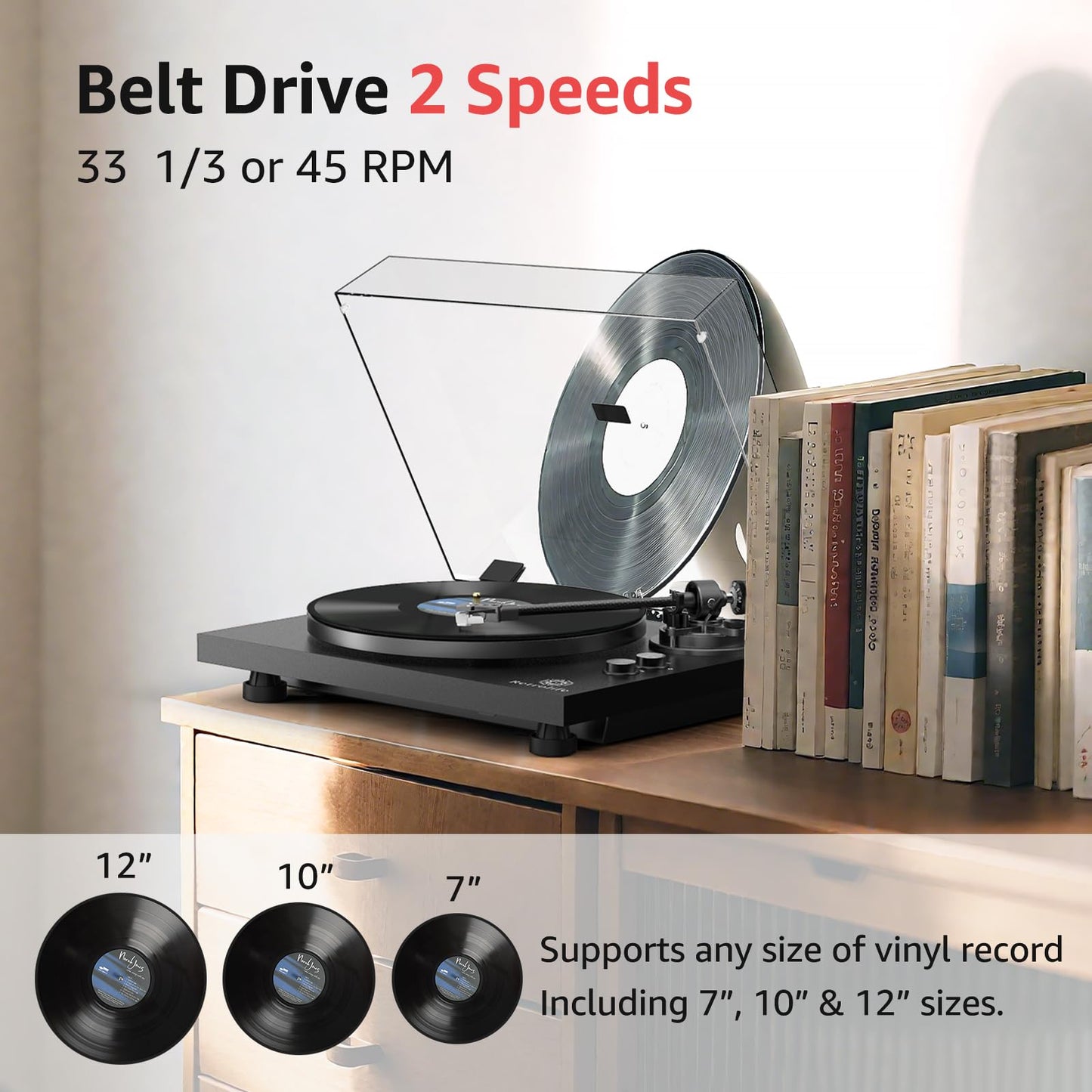 Retrolife Record Player Wireless Output Turntables AT-3600L Cartridge Black