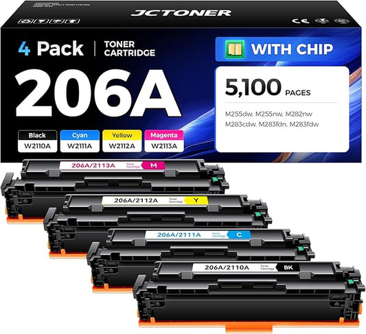 206A Toner Cartridge Set 4-Pack High Yield Replacement for HP 206A W2110A W2111A W2112A W2113A Compatible for HP Color LaserJet Pro MFP M283cdw M283fdn M283fdw M282nw M255dw M255nw Printer Ink Black