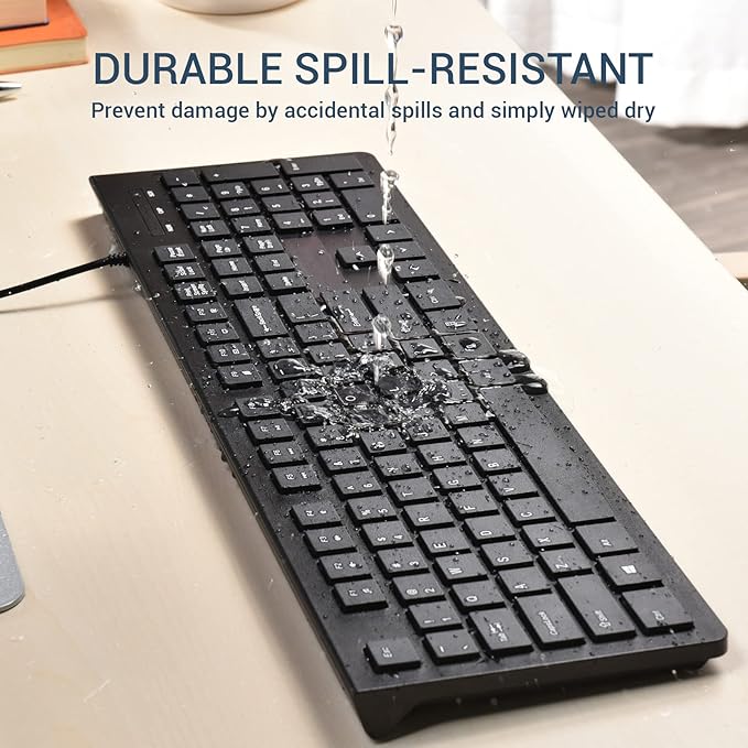 Computer Keyboard Wired, Plug Play USB Keyboard, Low Profile Chiclet Keys, Large Number Pad, Caps Indicators, Foldable Stands, Spill-Resistant, Anti-Wear Letters for PC Laptop (Black, 1-Pack)
