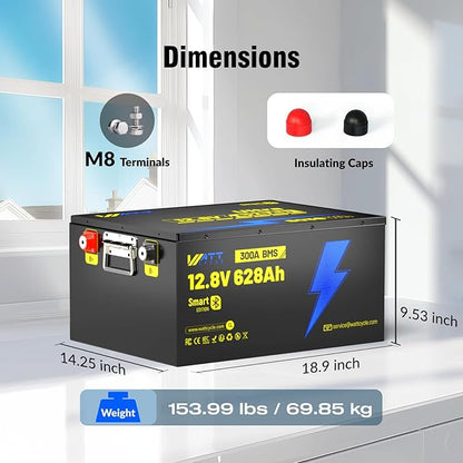 12V 628Ah LiFePO4 Lithium Battery 300A BMS, Built-in Bluetooth 5.0, Full Metal Case 8038Wh Energy, 15000+ Deep Cycles Batterys, Perfect for Home Energy, RV, Marine, Solar, Trolling Motor