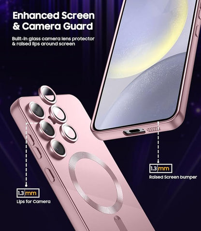 Magnetic for Samsung Galaxy S24 Plus Case [Compatible with MagSafe][Built-in Camera Lens Protector] Slim Soft Silicone Bumper Shockproof Metallic Luster Phone Case (Rose Gold)