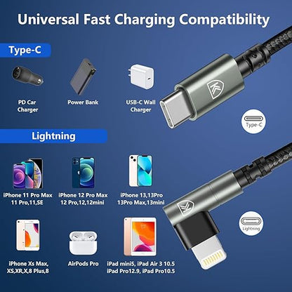 USB C to Lightning Cable 10FT [Apple MFi Certified] 3Pack Long iPhone Charger Cable 90 Degree i Phone Fast Charging Nylon Braided USB Lightning Cable for iPhone 14/13/12/11/Pro/Max/Plus/8/7/6/5S/iPad