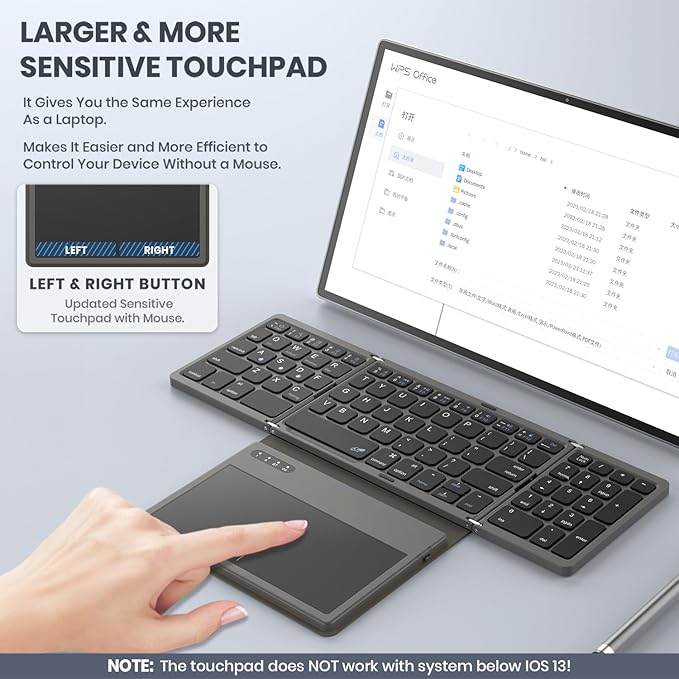 Foldable Bluetooth Keyboard, Portable Full Size Folding Keyboard with Large Touchpad, Numeric Keypad, PU Leather, Wireless TravelKeyboard for Windows iOS Android Mac(Grey)