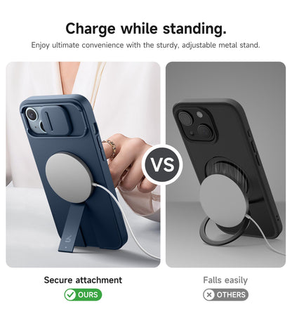 SURITCH for iPhone 14 Plus/15 Plus Case with Magnetic Camera Slide Cover and Adjustable Kickstand, Compatible with MagSafe, Shockproof Bumper Case Slim Protective Cover 6.7 Inch, Blue