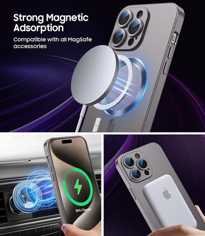 Magnetic for iPhone 15 Pro Max Case [Compatible with MagSafe][Built-in Camera Lens Protector] Slim Soft Silicone Bumper Shockproof Metallic Luster Phone Case (Titanium Gray)