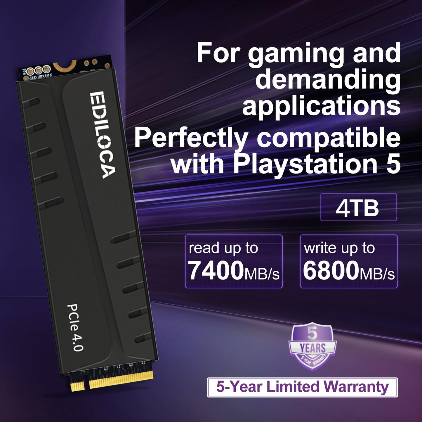 Ediloca 4TB PS5 SSD with Heatsink PCIe Gen4 NVMe M.2 Gaming SSD, 7400MB/s Read, 4GB DRAM Cache, 3D TLC | Internal Solid State Drive Compatible with PS5 & PC(EN855)