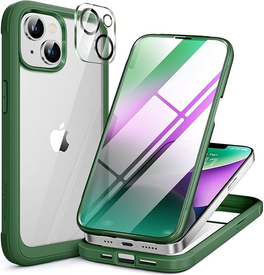 Miracase Glass Series Designed for iPhone 14 Plus Case 6.7 inch, 2023 Upgrade Full-Body Clear Bumper Case with Built-in 9H Tempered Glass Screen Protector and Camera Lens Protector,Green