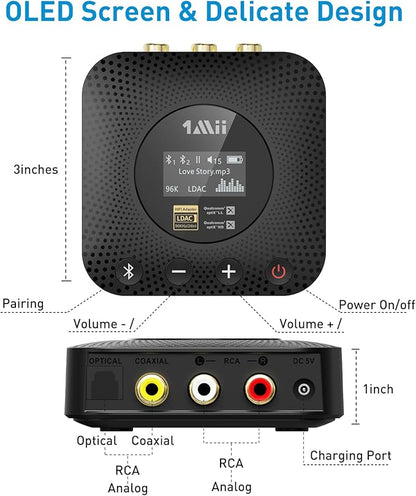 1Mii B06HD+ Hi-Res Bluetooth 5.1 Music Receiver for Home Stereo w/LDAC, Hi-Fi Bluetooth Adapter w/Audiophile DAC aptX HD Volume Control OLED Display, Wireless Audio Adapter for AV Receiver/Amplifier