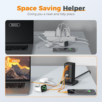 USB C Charger Blcok PD 100W, TESSAN 6-in-1 Charging Station for Multiple Devices, Desktop Tower Charger with 6 USB Ports for iPhone 16/15, MacBook, Tablet, Office Home Dorm Room Accessories