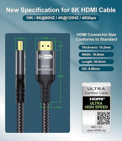 Certified 10K 8K HDMI 2.1 Cable 16.4 FT, 48Gbps Ultra High Speed HDMI Cable with Ethernet 4K 240Hz 165Hz 144Hz 120Hz 8K60Hz eARC HDCP2.3 HDR10+ PC Laptop TV Monitor Projector