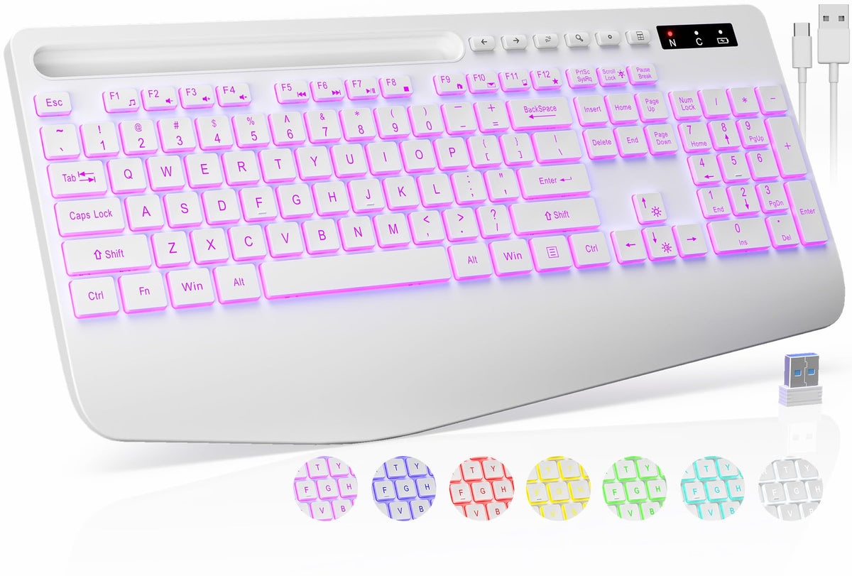 Wireless Keyboard, 7 Colored Backlits, Wrist Rest, Phone Holder-Rose gold