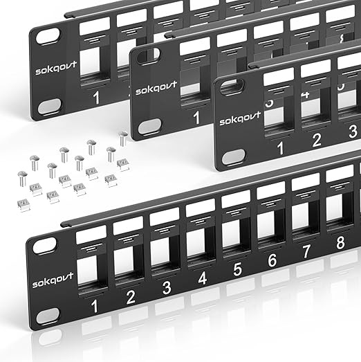 Sokqovt 24 Port Blank Keystone Patch Panel with Snap-in Design (4 Pack), Cat6 Network Patch Panel 1U 19 inch, Rack Mount Ethernet Patch Panel (for Slim Keystone Only)