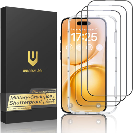 UNBREAKcable 3-Pack Screen Protector for iPhone 15, Double Shatterproof Tempered Glass [Easy Installation Frame] [99.99% HD Clear] [9H Hardness] [Full Coverage] [Case Friendly] for Apple 15 6.1 inch