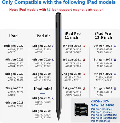 Stylus Pen for iPad 9th&10th - Fast Charge for iPad Pencil Palm Rejection Active Pen Compatible with (2018-2025) Apple iPad 6/7/8/9/10/11(A16), iPad Pro 11"/12.9"/M4, Mini 5/6, Air 3/4/5/M2/M3 (Black)