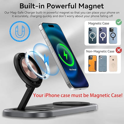 3 in 1 Fast Wireless Charger Stand for iPhone, Foldable Travel Charging Station for Magsafe for iPhone 17/Air/16/15/14/13/12 Series, Apple Watch Series, AirPods pro/2/3/4, Gifts for Women Men (Black)