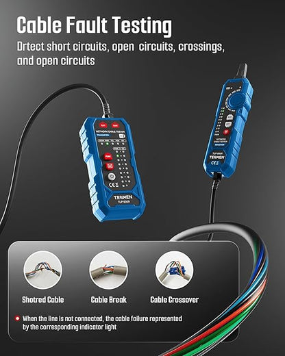 TESMEN TLP-900AR Network Cable Tester, Multi-Function Cable Tracer with Pairing, Continuity, QC&NCV, RJ11 RJ45, for CAT5/6/POE/STP, Suitable for Ethernet, Telephone, Wire Maintenance and Sorting-Blue