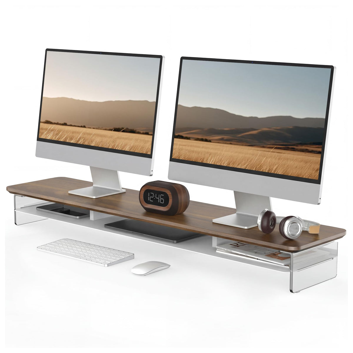 Fenge 42.5" Dual Monitor Stand with Clear Acrylic Legs, Black