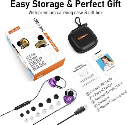 Vibes 202ML Wired Earbuds - HiFi in Ear Headphones - Noise-Isolating Ear Buds w/ Mic - Clear Sound, Deep Bass, Comfort-Fit Earphones - MMCX–Lightning for iPhone 5–14, Silver Plated Cord, Carrying Case
