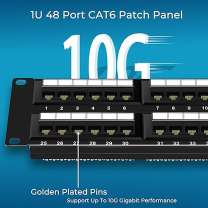 Rapink Patch Panel 48 Port Cat6 10G Support, Network Patch Panel UTP 19-Inch, Wallmount or Rackmount 1U Ethernet Patch Panel Punch Down Block for Cat6, Cat5e, Cat5 Cabling