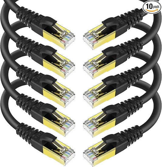 KASIMO CAT 8 Ethernet Cable 5 Feet, 10 Pack Black Shielded SFTP Internet Network Patch Cord, Heavy Duty High Speed LAN Cables w Gold Plated RJ45 Connector Professional for Router, Modem, Gaming